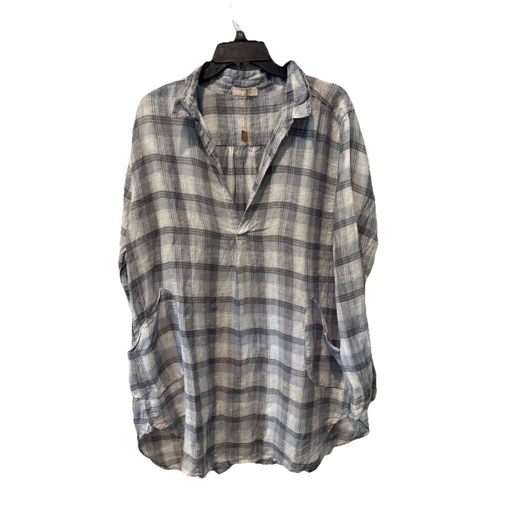 CP Shades  100% Linen Teton Tunic Plaid Check Top Lagenlook Size L NWOT